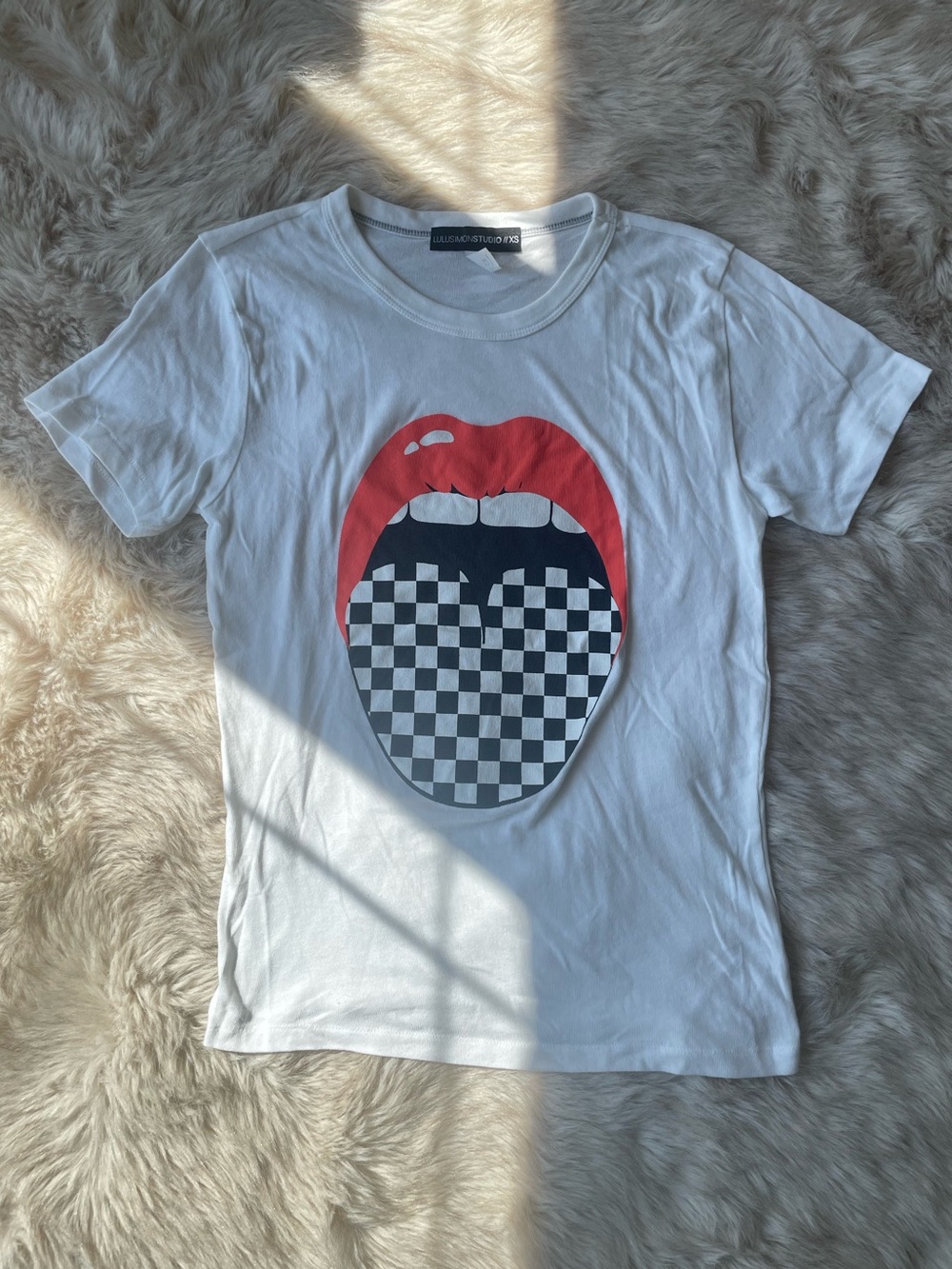 White Graphic Short Sleeve Tee with Red Lip and Checkerboard Print